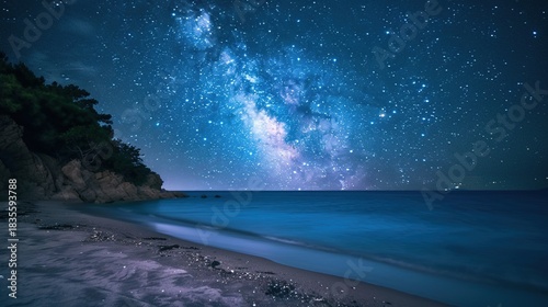 Serene Night Beach Shoreline with Gentle Waves, Star-Dense Sky, and Milky Way Reflections; Calm Dark Blue Ocean Surface Glowing Under Moonlight, Gradient Sky Reflections; Massive Curling Ocean Waves