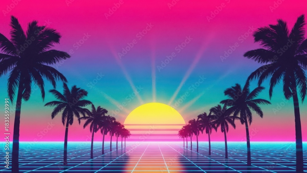 Naklejka premium Retro sunset landscape with palm tree silhouettes and glowing neon grid
