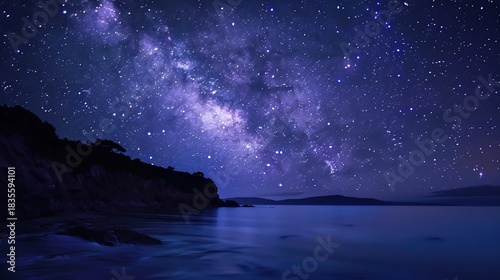 Serene Night Beach Shoreline with Gentle Waves, Star-Dense Sky, and Milky Way Reflections; Calm Dark Blue Ocean Surface Glowing Under Moonlight, Gradient Sky Reflections; Massive Curling Ocean Waves