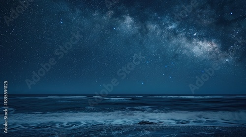 Serene Night Beach Shoreline with Gentle Waves, Star-Dense Sky, and Milky Way Reflections; Calm Dark Blue Ocean Surface Glowing Under Moonlight, Gradient Sky Reflections; Massive Curling Ocean Waves