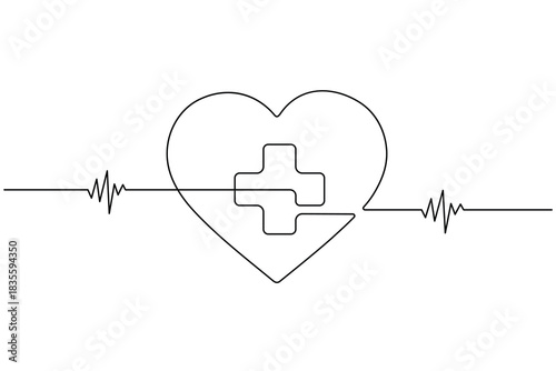 Continuous line drawing of heart with medical cross and ecg heartbeat on white background