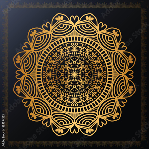 Indian flower mandala art with luxury golden circle frame transparent vintage gold circular pattern