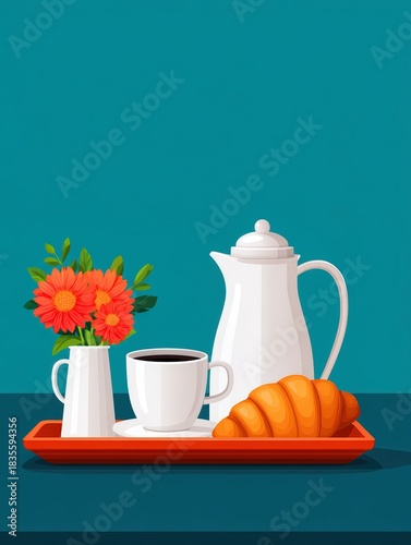 A vibrant still life featuring a coffee cup, croissant, flowers in a vase, and a teapot on a colorful tray against a teal background.