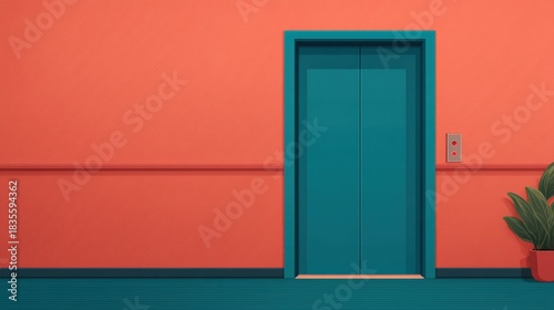 A vibrant coral wall features a teal elevator door and a plant, creating a modern and inviting atmosphere.