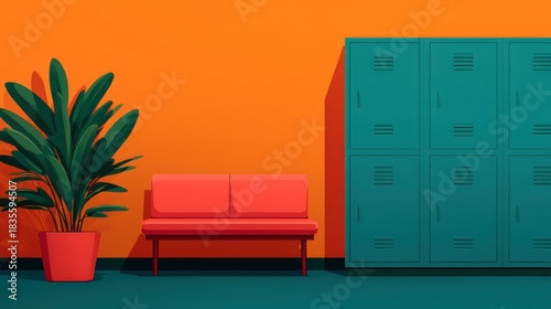 A vibrant interior scene featuring a red sofa, green lockers, and a large plant against a bright orange wall, creating a modern and stylish atmosphere.