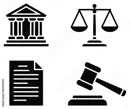 Legal icon set, court building, courthouse, pillars, scales of justice, gavel, law document, legal contract, law paper, attorney, lawyer, law firm, legal services, justice symbols, vector icons, court