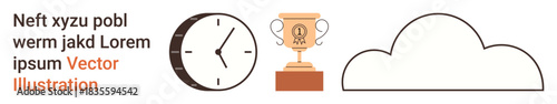 Time management, achievement, cloud storage, success, motivation, awards. Features a clock, trophy and cloud outline. Time management and achievement concepts visually