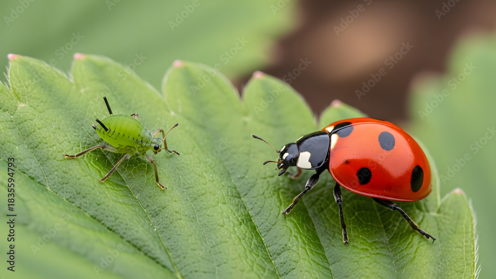 Fototapeta premium A vibrant red ladybug, a natural garden predator, approaches a small green aphid on a fresh green leaf, showcasing biological pest control