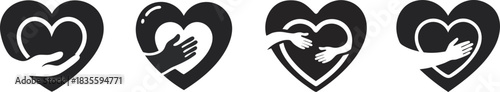 Four stylized heart icons depict love and support through embracing hands, conveying unity and compassion.