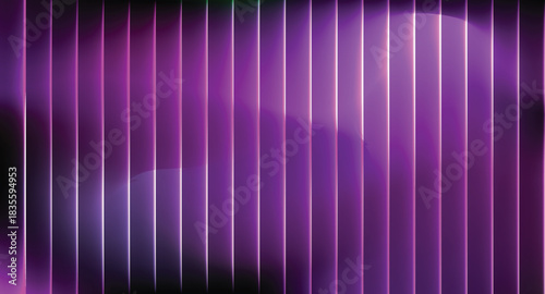 Vertical purple stripes line the background