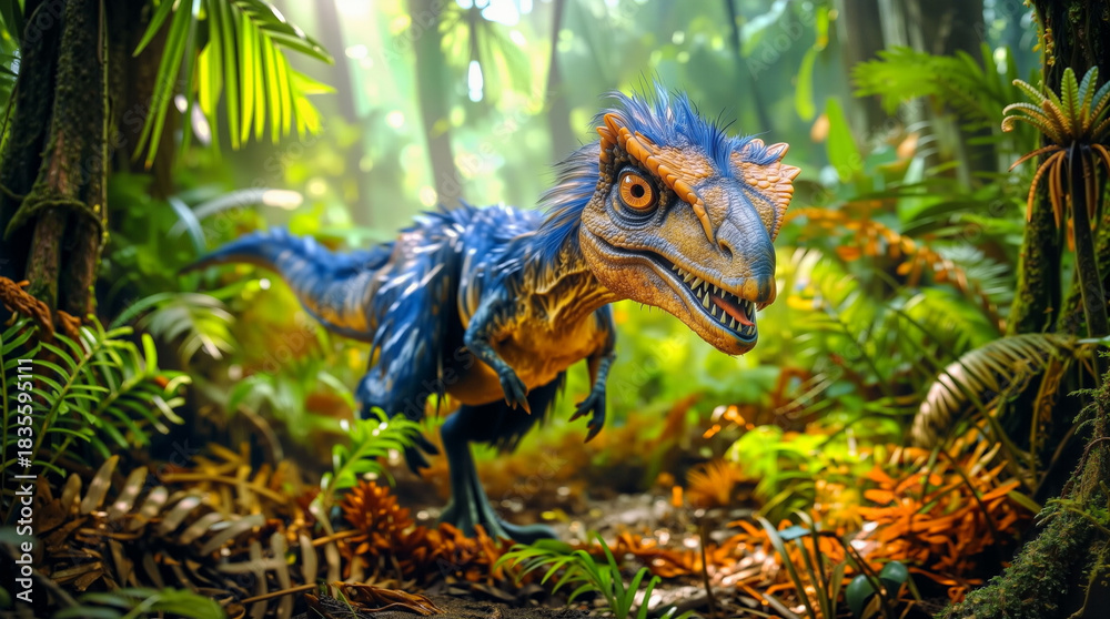 Obraz premium A blue dinosaur stands on a path in a jungle filled with green plants. Sunlight comes through the trees, creating a lively atmosphere. The dinosaur appears alert and curious
