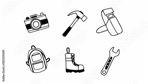 Doodle drawing of camera, hammer, welding mask, backpack, boot and wrench in black and white style mjunaid silhouette