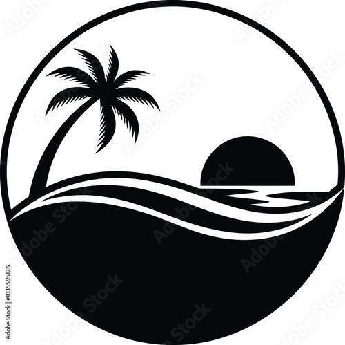 Circular ocean wave with palm tree emblem in a serene artistic theme Vector illustration
