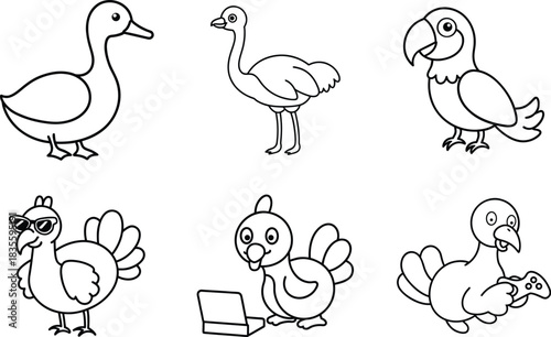 Playful and funny bird characters illustrated in a charming line art style Vector illustration