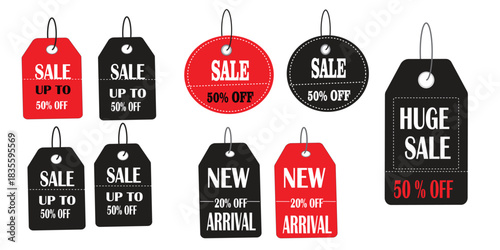 Sale Tags Collection – Discount Labels, New Arrival Badges, Price Tag Icons, Black and Red Promotional Stickers