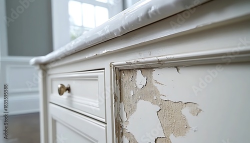 Wallpaper Mural Peeling paint on antique white cabinet drawers with bronze knobs interior detail Torontodigital.ca