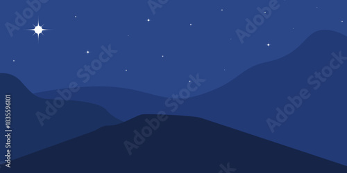 silhouette Happy Epiphany illustration in flat style design. Christmas background, flat illustration, mountains with stars on dark blue background