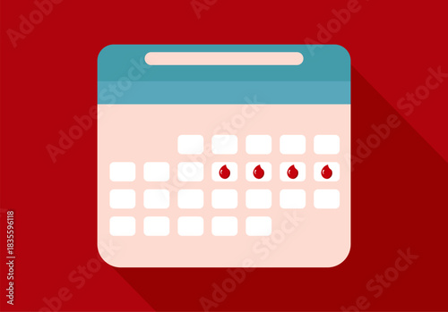 Menstrual cycle calendar with period days,  Flat vector illustration on red background. Women’s health, menstruation, period, and fertility tracking concept