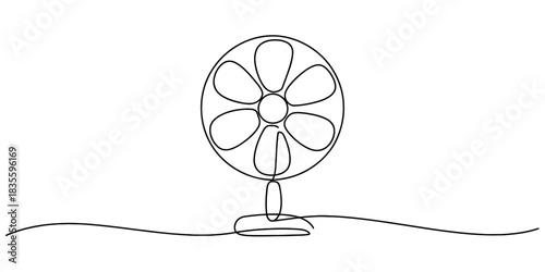 Continuous one line drawing of an electric desk fan, minimalist illustration symbolizing comfort, cooling, and relief from summer heat. Vector, illustration