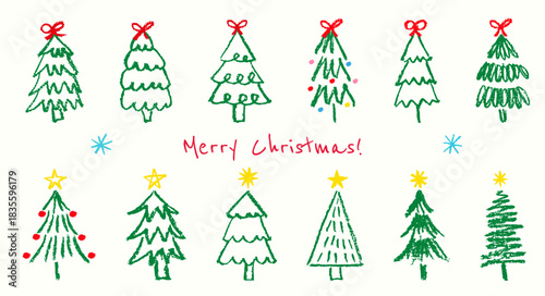 Christmas trees with red bows and stars drawn by crayon. Texture winter trees illustration isolated on white background