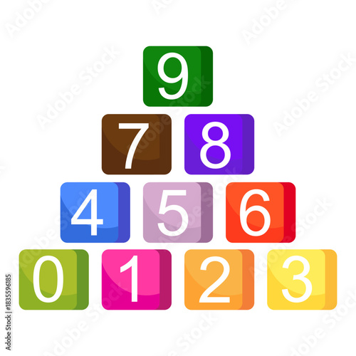 the numbers on the cubes, blocks. A tower of bright colored bricks with numbers. Vector illustration on a white background.