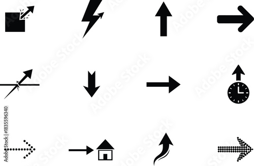 Collection of various black and white silhouette vector arrows and symbols on white background