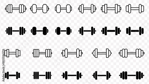 Collection of various dumbbell icons in black and white outline and solid fill styles weights exercise