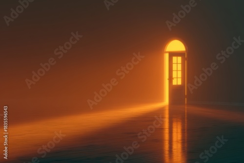 A glowing door in a dark room with warm light spreading, symbolizing hope, mystery, and passage, perfect for film posters or spiritual design themes.