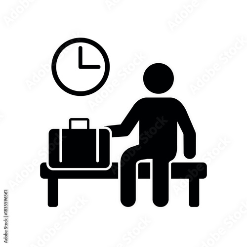 Waiting room vector flat icon on white background. Passenger seating near the station with travel case. Black silhouette sign for airports.
