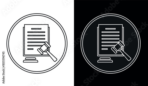 Legal document and gavel icon in oval frame Vector illustration