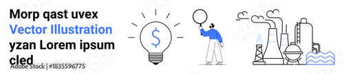 Lightbulb with monetary symbol, individual holding balloon, pipes, and factory plant structures. Ideal for innovation, finance, creativity, energy, industry sustainability and simple landing page