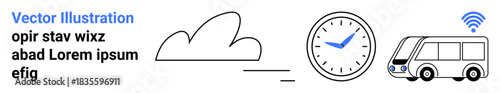 Public transport, wireless internet, time management, travel planning, city commuting, digital connectivity. Cloud, clock and bus with wireless symbol. Public transport and wireless internet concept