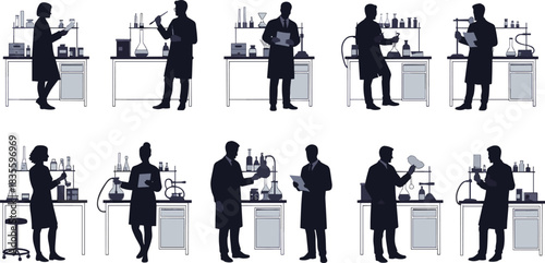 Vector illustration collection of scientists in laboratory settings, using beakers, flasks, and pipettes for chemical research, analysis, and scientific experimentation.