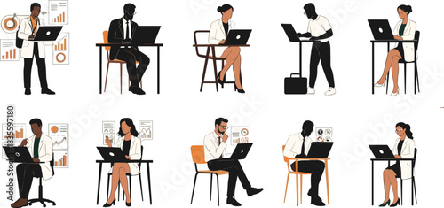 Vector illustration set of diverse business people and professionals working on laptops, symbolizing remote work, digital communication, online education, and modern office careers.