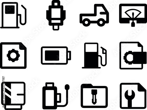 Black and white icons depicting automotive services fuel tools and vehicle related elements