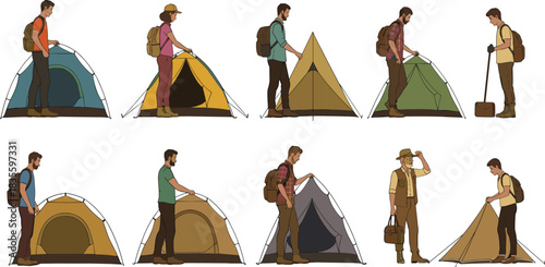 Vector illustration set of diverse people setting up tents and preparing campsites for adventure, wilderness exploration, hiking, and outdoor leisure activity.