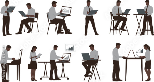 Vector illustration set of diverse business professionals and data analysts working on laptops with charts and graphs, symbolizing research, finance, and office work.