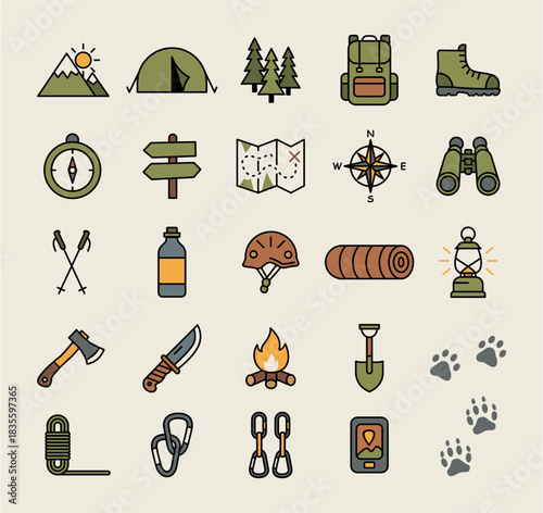 Camping & Hiking Gear Icon Set – Adventure Equipment, Survival Tools, Navigation & Outdoor Essentials