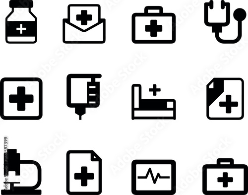 Collection of medical icons representing healthcare first aid and hospital related services