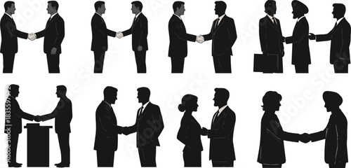 Vector silhouette collection of business people shaking hands, illustrating successful negotiation, partnership agreement, cooperation, and professional greeting concepts.