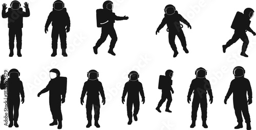 Vector silhouette collection of astronauts wearing space suits and helmets, illustrating space exploration, walking, floating, and future science technology concepts.