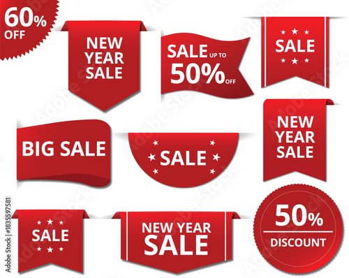 Red Sale Banners Set – Discount Labels, New Year Sale Badges, Promotion Tags, Vector EPS
