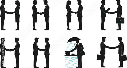 Vector silhouette collection of diverse business people shaking hands, illustrating successful negotiation, partnership, multi-ethnic agreement, cooperation, and professional greeting concepts.