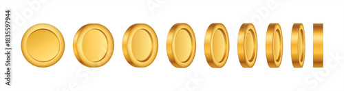 Print3d realistic empty gold coin rotating animation. Money cash for gambling games, treasure, finance or casino jackpot concept. Golden coins currency top, side and perspective view, vector 10 eps.
