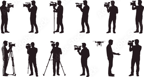 Vector silhouette collection of photographers taking pictures in a city with skyscrapers, illustrating urban photojournalism, visual media, and professional creative careers.