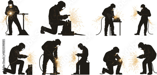 Silhouette collection of professional industrial welders with sparks, illustrating metal fabrication, construction work, and heavy manufacturing labor in dark colors.