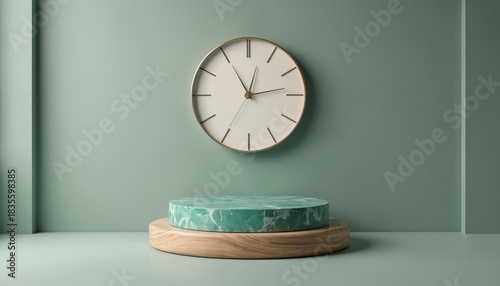 Wallpaper Mural Illustration presents podium for product display. Marble stage stands on wood base with gold clock. Minimalist scene background is green. Suitable for presentation. Torontodigital.ca