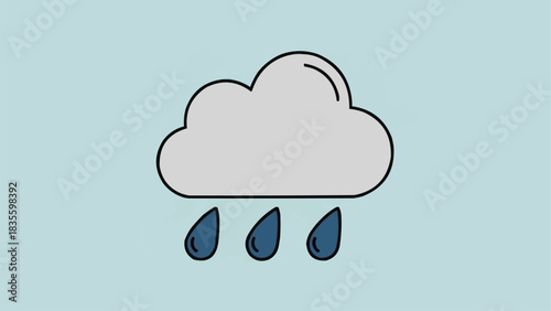 A simple illustration of a grey cloud with three blue raindrops falling, set against a light blue background, symbolizing rainy weather.