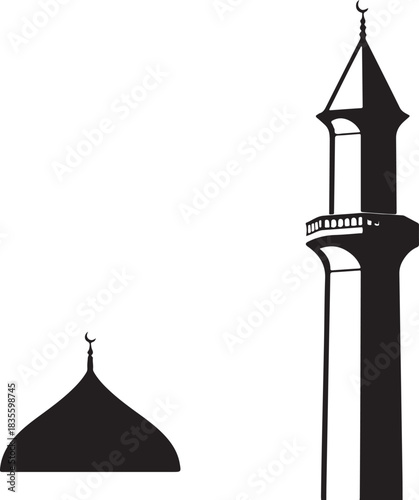 Minimal silhouette style vector minaret logo design featuring clean black shapes, elegant Islamic architectural form, simple line art, modern spiritual branding icon ideal for cultural projects, relig