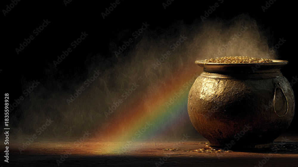 Fototapeta premium Pot of gold shines bright with rainbow in dark setting